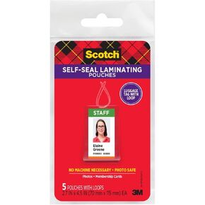 Scotch Self-Sealing Laminating Pouches for Luggage Tags, 5-Pack – Clear 12.5 mil Bag Tag Sleeves with Loops, No Laminator Needed
