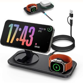 Magnetic Wireless Charging Station for Apple,2 in 1 Foldable Compatible with Magsafe for iPhone 16/15/14/13/12 Series,Inductive Charge pad for Apple Watch 10/9/8/7/Ultra/SE,for AirPods (Black)