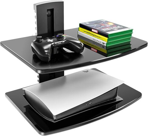 FITUEYES 2 Tiers Floating Shelves for Wall Under TV DVD Shelf Wall Mount Shelves Hold up to 22lbs Tempered Glass for PS4, Xbox, Game Console and Cable Box Black in Saudi Arabia