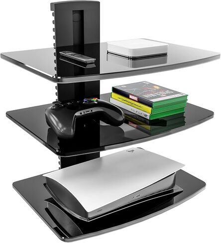 Fitueyes 2 طبقات عائمة الأرفف للجدار تحت تلفزيون DVD الرف رفوف جدار التثبيت تمسك حتى 22 رطل الزجاج المقسى ل PS4 و Xbox و Game Console و Cable Box Black in Kuwait