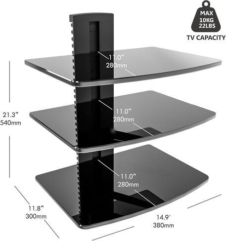 Fitueyes 2 طبقات عائمة الأرفف للجدار تحت تلفزيون DVD الرف رفوف جدار التثبيت تمسك حتى 22 رطل الزجاج المقسى ل PS4 و Xbox و Game Console و Cable Box Black in Kuwait