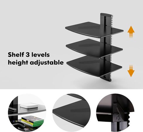 Fitueyes 2 طبقات عائمة الأرفف للجدار تحت تلفزيون DVD الرف رفوف جدار التثبيت تمسك حتى 22 رطل الزجاج المقسى ل PS4 و Xbox و Game Console و Cable Box Black in Kuwait