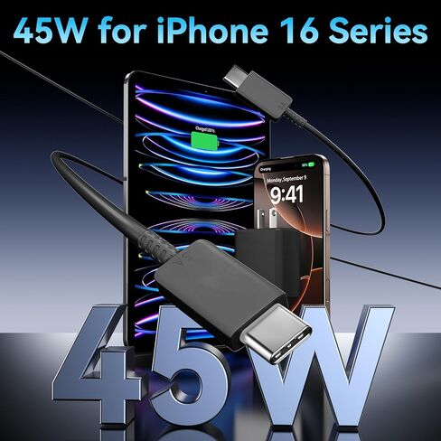 iPhone 16 Pro Max Charger Fast Charging, 45W Super Fast USB C Charger for iPhone 16 15 Pro Max 10ft Type C Cord with Fast Charger Block for iPhone 16/16 Pro/16 Pro Max/16 Plus,iPad, S24/S23 in Kuwait