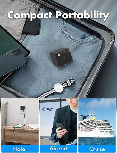 شاحن USB C قابل للسحب ، GAN PD 35W Charger Block W/Type C Cable ، Wall Wall Phone Fast Charge Adapter Fladable For iPhone 16/15 Pro Max/iPad/Galaxy/Pixel ، Black in Kuwait