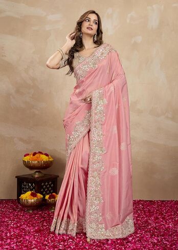 TRENDMALLS Women's Jacquard Silk Embroidery work Saree with Unstitch Blouse Piece (K1064-Green) in Kuwait