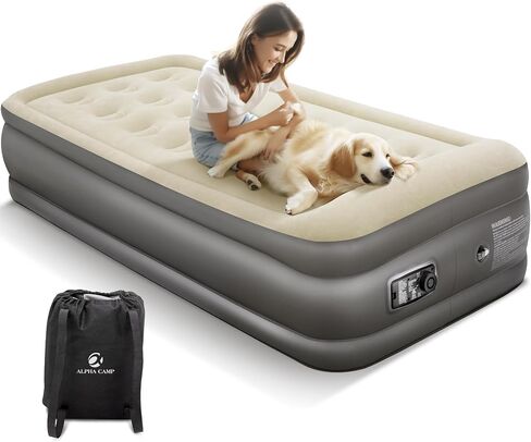 ALPHA CAMP 19" Twin Air Mattress with Built in Pump and Pillow, Blow up Mattress in 2 Mins Self-Inflation/Deflation with Soft Plush Top, Foldable Inflatable Mattress, Air Bed for Camping, Home Guest in Saudi Arabia