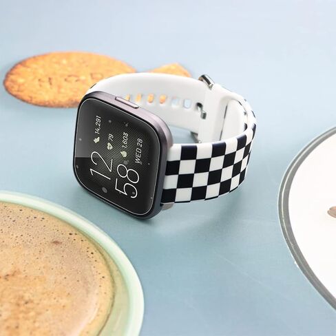 Ecute Large Soft Silicone Waterproof Replacement Women Men Strap Band Compatible with Fitbit Versa/Versa 2/Versa Lite/Versa SE - White Black Checkered in Saudi Arabia