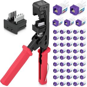 Bundle – 3 Items: 45Term - 45° Angled Speed Termination Tool + Replacement Head + 45° Angled Cat6 Keystone Jacks in Purple (50 Pack)