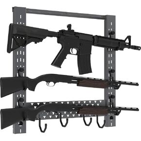 OneTigris Gun Rack Wall Mount 02, Hold Up 80lbs Indoor Gun Rack for Wall Mount Horizontal Wall Gun Rack with 10 Hooks Indoor Floor for Helmet Vest Belt Police Gear, 21.9"*22.1" Gray Small