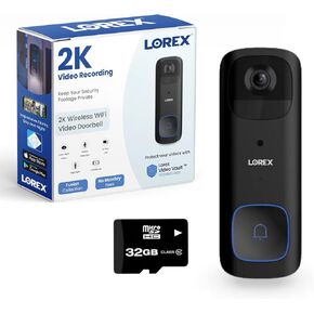 Lorex 2K Wi-Fi Smart Video Doorbell Security Camera, Black – Includes 32 GB Micro SD, No Subscription Fee - Smart Security Lighting, Night Vision, Motion Detection, Battery Powered, IP65 Weatherproof