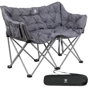 EVER ADVANCED Double Camping Chair for Adults, Padded Folding Camping Love Seat with Side Pocket Portable Camping Couch, Two Person Heavy Duty Folding Outdoor Chair with Cushion,Support 600lbs,Green