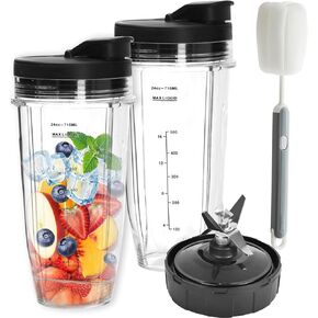 Blender Replacement Parts for Ninja, 2 * 24oz Ninja Blender Cups with To-Go Lids, 7 Fins Extractor Blade, Compatible with Nutri Ninja Auto iQ Blenders BL2012 BN801 BL480-30 (24oz*2)