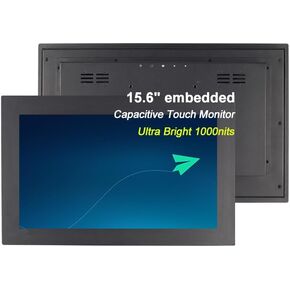 UNITEDTIME 15.6 Inch Industrial Ultra-Bright 1000 Nits Touch Monitor Panel Mount, HDMI/VGA Interface, Built-in Speakers, Capacitive Touch Screen Sunlight Viewable Metal Frame LCD Display 1920X1080