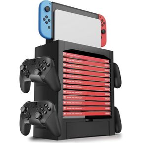 TNP Switch Organizer Station Game Storage Tower Stand for Nintendo Switch OLED with Dock Holder, 10 Game Case Vertical Shelf, 4 Controller Rack, Joy-con Drawer, Black