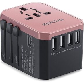 EPICKA Universal Travel Adapter, European Travel Plug Adapter - International Power Adapter Worldwide Charger with USB-C & 4 USB Ports, Travel Essentials for Italy, UK, Japan (TA-105, Rose Gold)