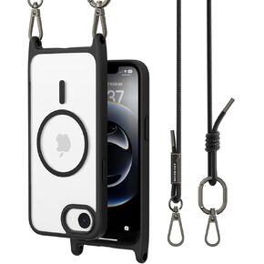 MAGEASY Case for 2025 iPhone 16e 6.1" - Case with Crossbody Strap, 16ft Drop Protection, Anti-Yellowing Clear Back, Slim Fit, Support Wireless Charging | Roam M (Black)