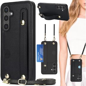Crossbody Case for Samsung Galaxy S25 with Card Slot Holder for Women, Removable Adjustable Shoulder Strap Lanyard with Wristband Kickstand Phone Cover for Galaxy S25, WD Black