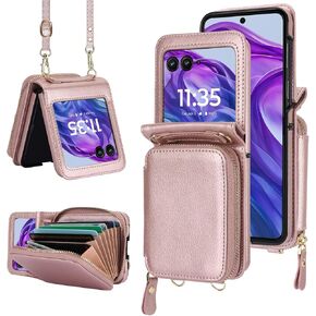 for Motorola Razr 2024 Wallet Case with Crossbody Strap, [RFID Blocking] Premium Leather Large Capacity Card Slot Case with Hand Strap Shockproof Flip Cover for Moto Razr 50 2024 Purple