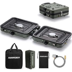 Swonder Portable 2-Burner Camping Stove with Windscreen - 17,500 BTU Propane Stove, Foldable Design, Adjustable Flame Control, Stainless Steel Construction, Includes Waterproof Carry Bag