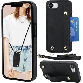 Ysnzaq Crossbody Wallet Case for Apple iPhone 16e, Adjustable Long Lanyard with Card Slot Holder Phone Cover for iPhone 16e WD Black
