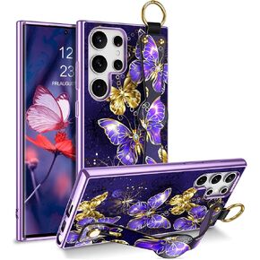 DUEDUE for Samsung Galaxy S22 Ultra Case, Glow in The Dark Butterfly Slim Cover with Hand Strap Hybrid Hard PC Anti Slip Shockproof Full Protective Phone Case for Galaxy S22 Ultra 6.8", Purple