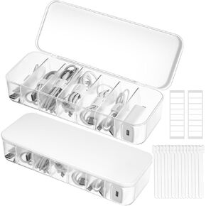 2 Pcs Cable Organizer Storage Box with 14 Wire Ties, Detachable Dividers Cable Management Box with Lid, Charger Electronic Cord Organizer for Office, Home, Desk Accessories White