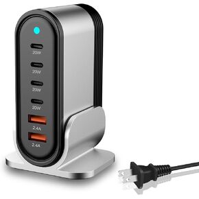 USB C Charger Block Charging Station, 6 Port Type USB C Charging Station Hub Block Cube - Type C & USB A Charging Cube Box (Silver Gray)