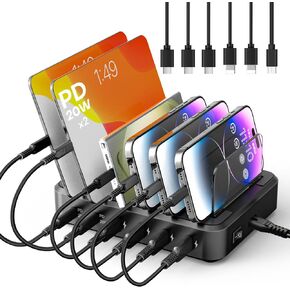 Charging Station for Multiple Devices,65W 6 Port Fast Charger Station with 2 USB-C PD3.0 Ports,6 Short Cables Included,Compatible with iPhone iPad,Tablets Android and More (Black)