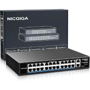 24 Port PoE Switch Unmanaged, 24 Port PoE+@400W, 2 Gigabit Uplink Ports, NICGIGA 26 Port Network Power Over Ethernet Switch, VLAN Mode, 250m Extend, 19 inch RackMount, Plug and Play.