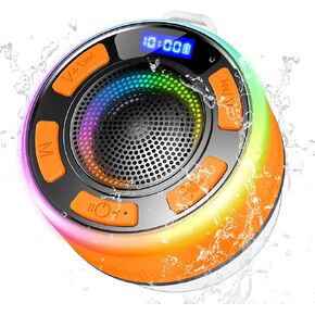 Bluetooth Shower Speaker, Portable Shower Speakers IP7 Waterproof with Suction Cup and Time Display, Dynamic LED Lights and Dual Stereo Pairing, Handsfree Wireless Speaker with Mic for Bathroom, Beach