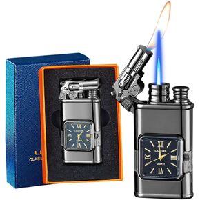 Lighter, Windproof Torch Lighter Jet Flame and Soft Flame, Cool Adjustable Lighter with Visible Fuel Window, Refillable Butane Lighter for Outdoor Indoor Men Women (Without Butane)-Black G