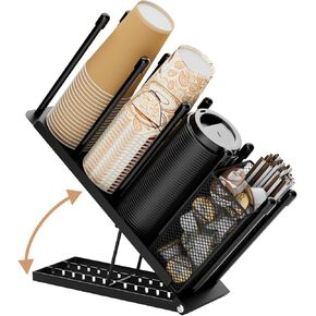 Ovicar Cup and Lid Holder - Adjustable Coffee Cup Holder Organizer 4 Compartment Disposable Cup Dispenser with Mesh Basket for Coffee Pod Straw Storage Metal (Black)