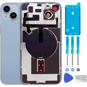 Original Compatible with iPhone 14 Back Glass Replacement & with Plate & Flex Cable and All Parts, Pre-Installed Camera Frame for iPhone14 + Repair Tools(Blue)