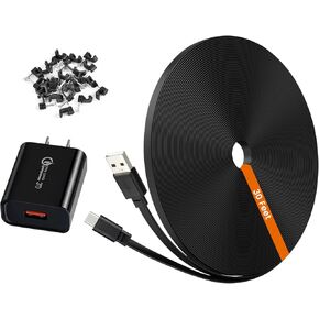 30ft Power Extension Cable for Tapo TP-Link 2K QHD C121 Security Cam - 9m USB C Long Flat Charging Cord with 18W Fast Charger, Black