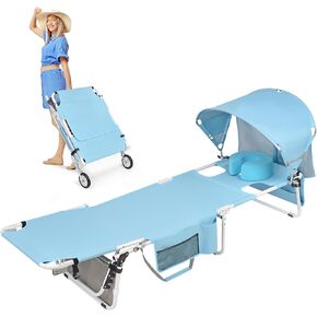Wheel-To-Go Tanning Chair with Wheels Sun Canopy Umbrella Face Hole Thicker Washable Adjustable, Heavy Duty Folding Lay Flat Sun Lounge Chair Beach Outside Sunbathing Reading, UPF 50+ (Patent Design)