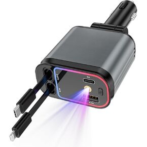 66W Retractable Car Charger Adapter with Starlight, 4-in-1 Fast Charging USB C Car Charger with 2 Retractable Cables, Compatible with iPhone 16/15/14/13/12/11, Galaxy, and Pixel