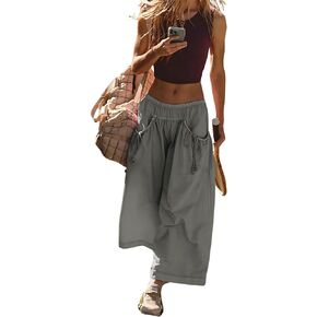 Hooever Women's Loose Wide Leg Track Pants Drawstring Pockets Elastic Waist Capri Hiking Pants