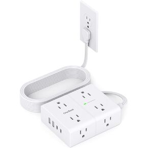 10Ft Extension Cord with Multiple Outlets, Flat Plug Power Strip Surge Protector 10 Ft Long Cord, 8 Outlet 4 USB Ports (2 USB C), Multi Outlet Wall Plug for Home Office, College Dorm Room Essentials
