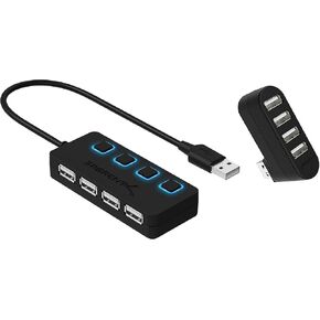 Sabrent 4-Port USB 2.0 Hub + 4-Port USB 2.0 Hub مع مفاتيح طاقة LED الفردية LED