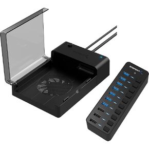10 Port USB 3.0 Hub Includes 3 Smart Charging Ports with Individual Power Switches and LEDs and 60W 12V/5A Power Adapter+USB 3.0 to SATA External Hard Drive Lay Flat Docking Station with Built in Cool