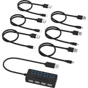SABRENT 4-PORT USB 2.0 HUB مع مفاتيح طاقة LED LED فردية + [6 عبوات] 22AWG Premium 1ft Micro USB Cables High Speed ​​USB 2.0 A ذكر للمزامنة Micro B وشحن كابلات