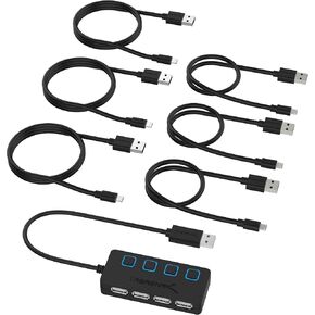 SABRENT 4-Port USB 2.0 Hub with Individual LED lit Power Switches + [6-Pack] 22AWG Premium Micro USB Cables (X3-3ft + X3-1ft) High Speed USB 2.0 A Male to Micro B Sync and Charge Cables