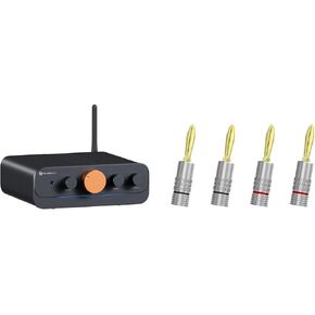 Fosi Audio Banana Plugs 2 Pairs / 4 pcs and HT4S Bluetooth Amplifier for Outdoor Speakers, 4 Channel Power Amp for Bass Shaker Sim Racing Cockpit, 4.1/5.0 Ch Stereo Home Audio Receiver