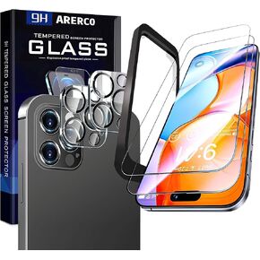 2 Pack Screen Protector for iPhone 16 Pro Max + 2 Pack Camera Lens Protector with easy Installation Frame Case Friendly Tempered 9H Hardness HD Clear Anti-Scratch Glass Film