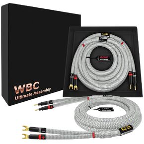 WORLDS BEST CABLES 3 Foot Ultimate - 7 AWG - Ultra-Pure OFC – Extra Premium Audiophile HiFi Speaker Cable Pair with Eminence Gold Banana (x2) & Spade (x2) Plugs & Silver Tweed Jacket