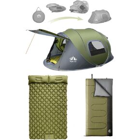 Night Cat Upgraded Pop up Tent with Inflatable Double Sleeping Pad Single Sleeping Bag for 2-4 Persons Automatic Instant Tent Combo Set