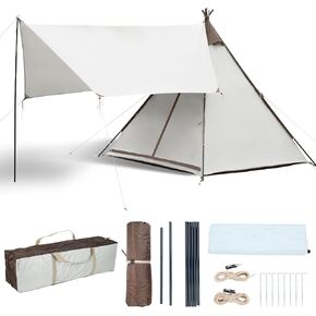 Waterproof 3-4 Person Camping Tent with Awning, Pyramid Teepee Tents for Family, 3 Season Anti-UV Weatherproof, Roomy Tipi Tent for Family Camping, Outdoor, Backpacking, Hiking