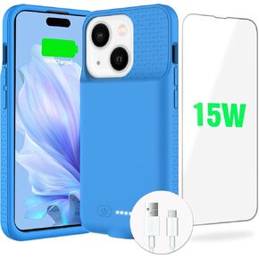 GIN FOXI 15W Fast Charging Battery Case for iPhone 15/15 Pro, Ultra-Slim Lightweight Powerful 7000mAh Charger Case Rechargeable Anti-Fall Premium TPU Anti-Slip Blue