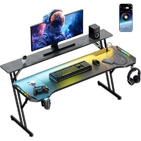 47 Inch Gaming Desk, Smart Computer Gamer Desk with LED Lights & Mouse Pad, Gaming Table with Power Outlet, Monitor Stand, Side Hook, Ergonomic Work Desk for Home Office, Carbon Fiber Black