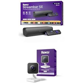 Roku Streambar SE | 2-in-1 TV Soundbar with Built-in 4K/HD/HDR Streaming, Premium Speakers + Roku New Indoor Camera 2024 - Home Security - 1-Pack - Wired Security Camera with 1080p HD